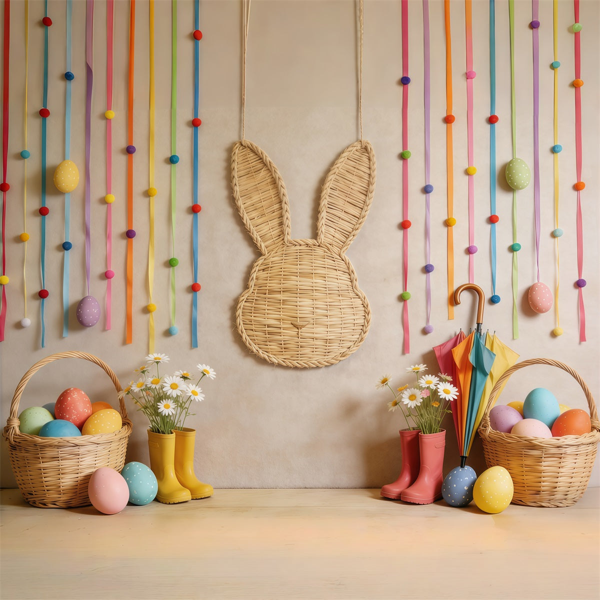 Osterkorb Hintergrund Weidenkorb Hase Ei Gänseblümchen Foto Hintergrund für Ostern CSH62-71