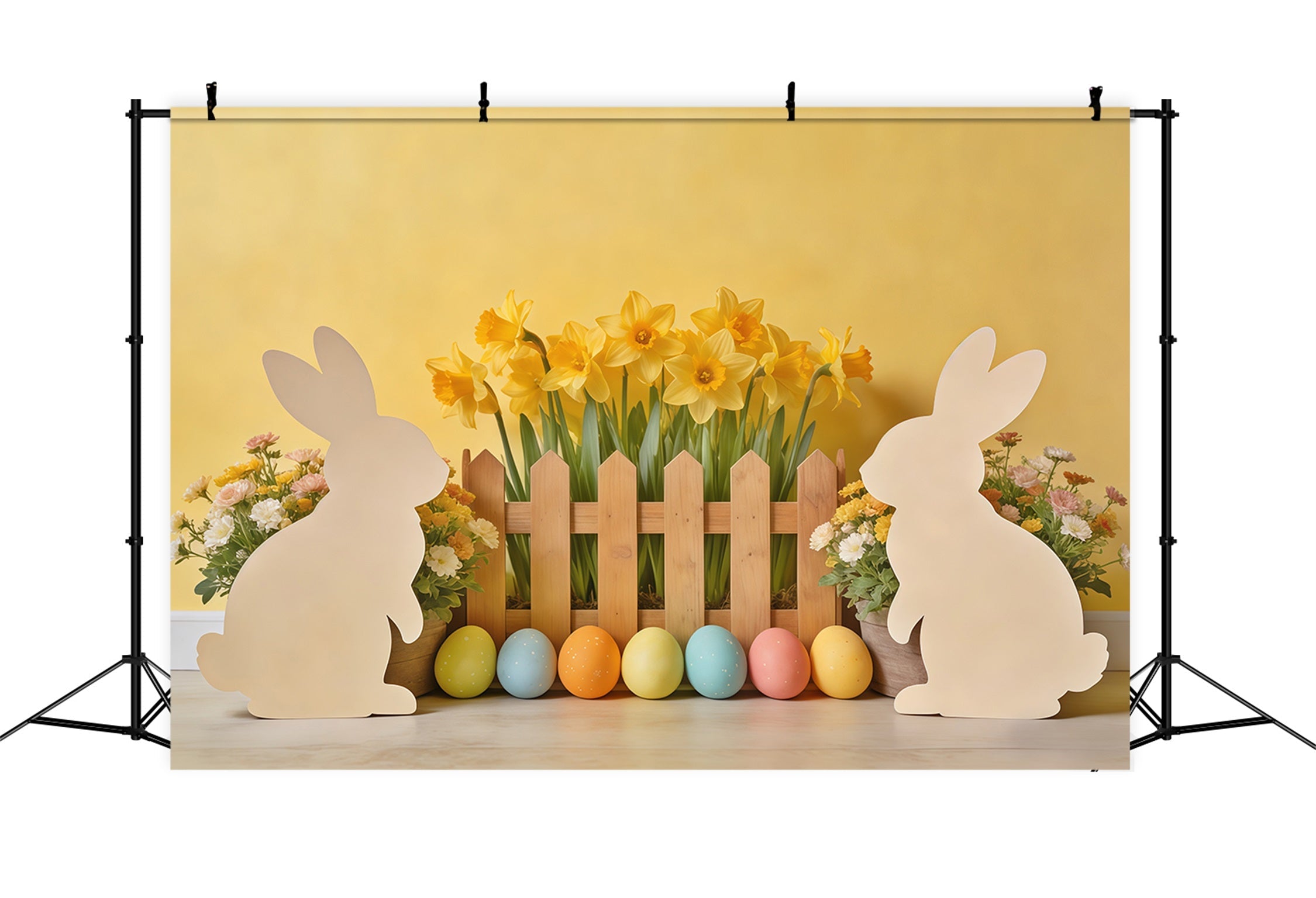 Hintergrund mit Osterhasen-Silhouette, Narzissen, Eiern, Holzzaun, Fotografie, Ideen für Osterhintergründe CSH62-73