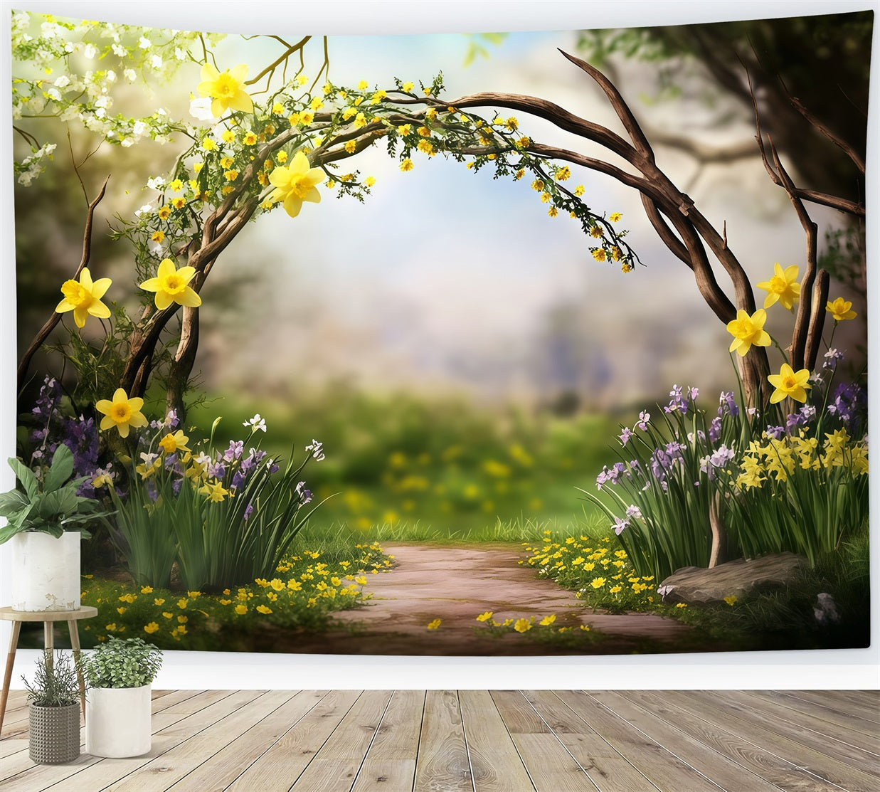 Oster-Narzsen-Hintergrund Zweigbogen Wildblumenblüten Hintergründe für Osteraufführungen CSH62-78