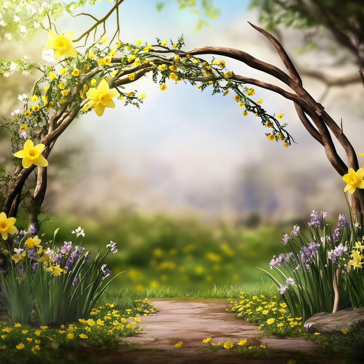 Oster-Narzsen-Hintergrund Zweigbogen Wildblumenblüten Hintergründe für Osteraufführungen CSH62-78