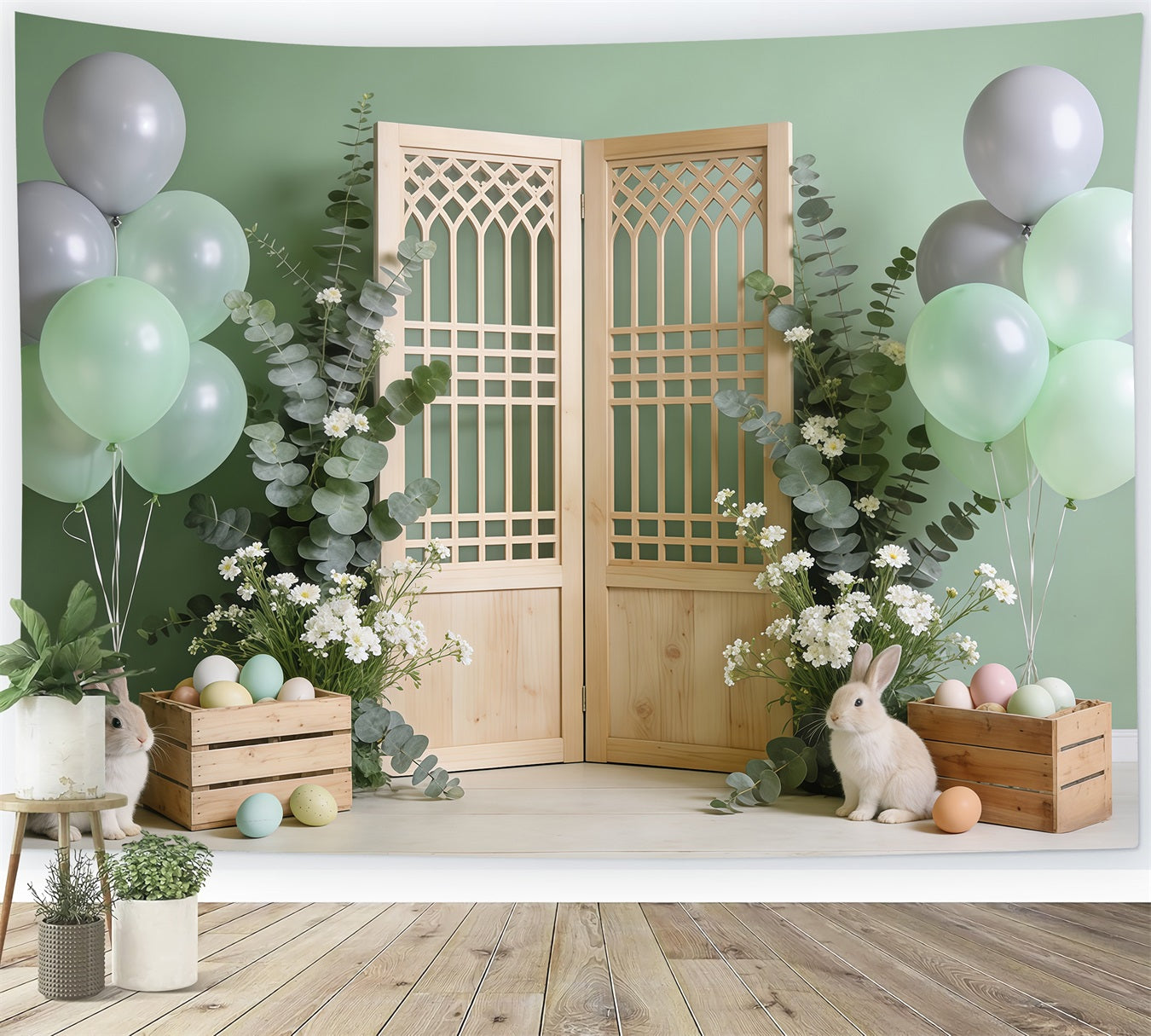 Ostergras-Hintergrund Holztür Hase Kisten Hochauflösendes Oster-Hintergrundbild CSH62-86