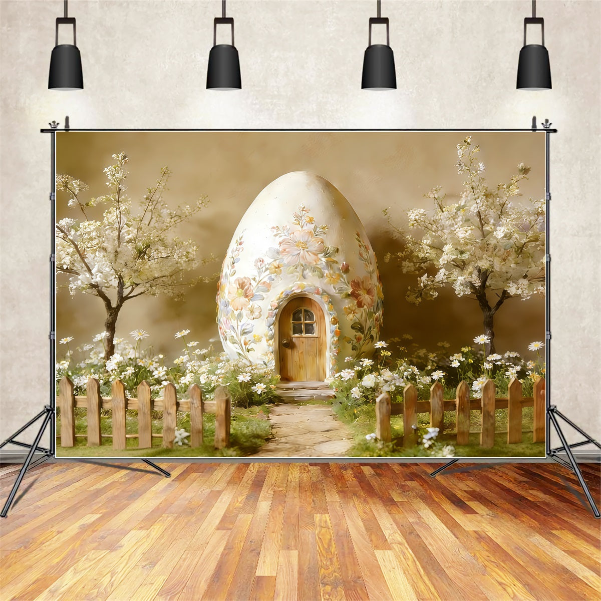 Oster-Hintergrund im Cottage-Garten Stil Blumen-Ei-Haus Blüten Ideen für Oster-Fotografie-Hintergründe CSH62-89