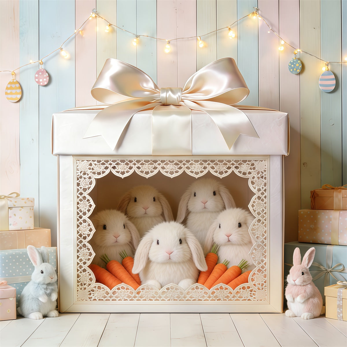 Oster-Hintergrund im niedlichen Stil Geschenkbox Hase Karotten Oster-Hintergrund Fotoshooting CSH62-90
