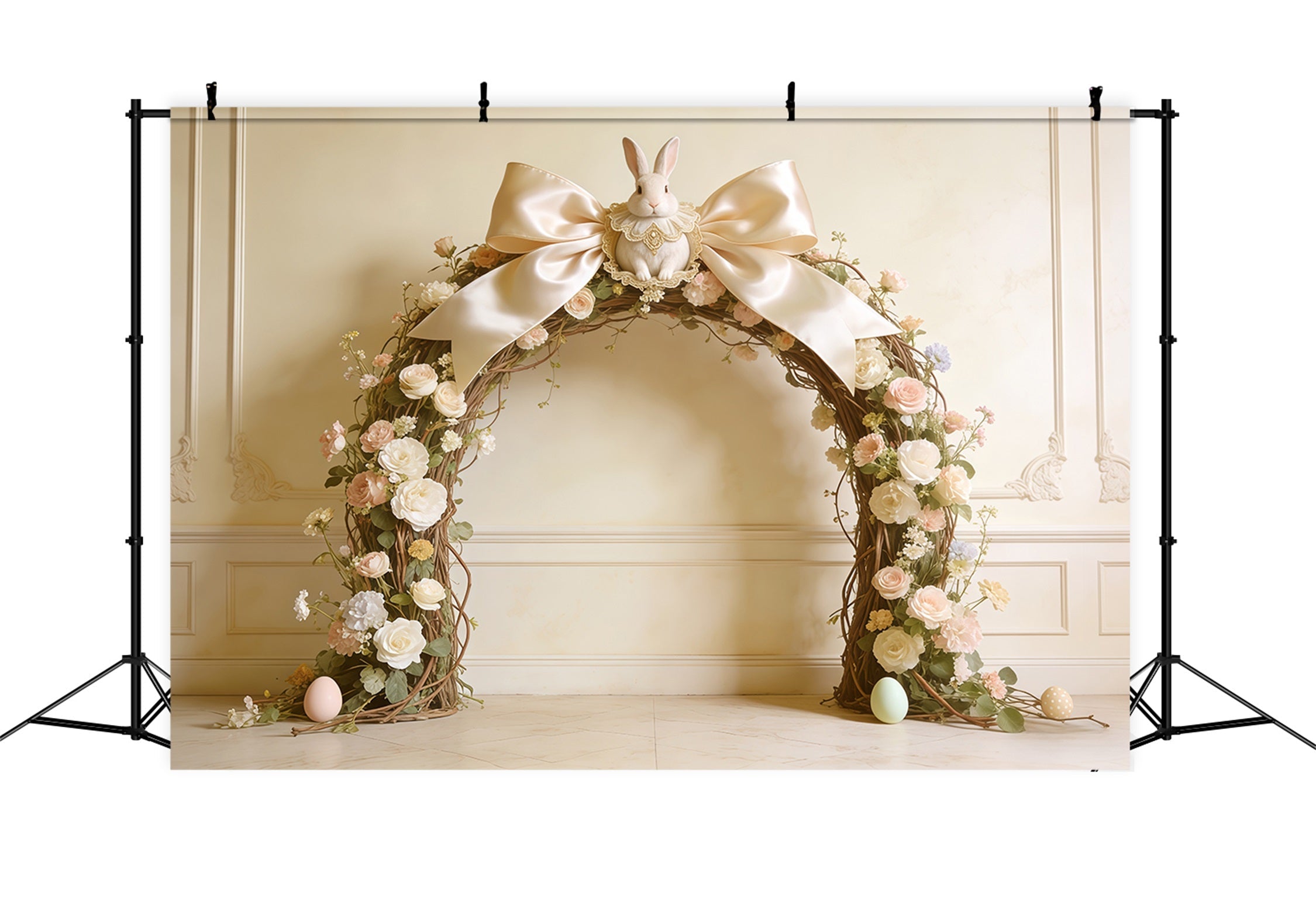 Oster-Vintage-Blumenhintergrund Schleife Hase Rosenbogen Fotografie Oster-Foto-Hintergrund CSH62-92