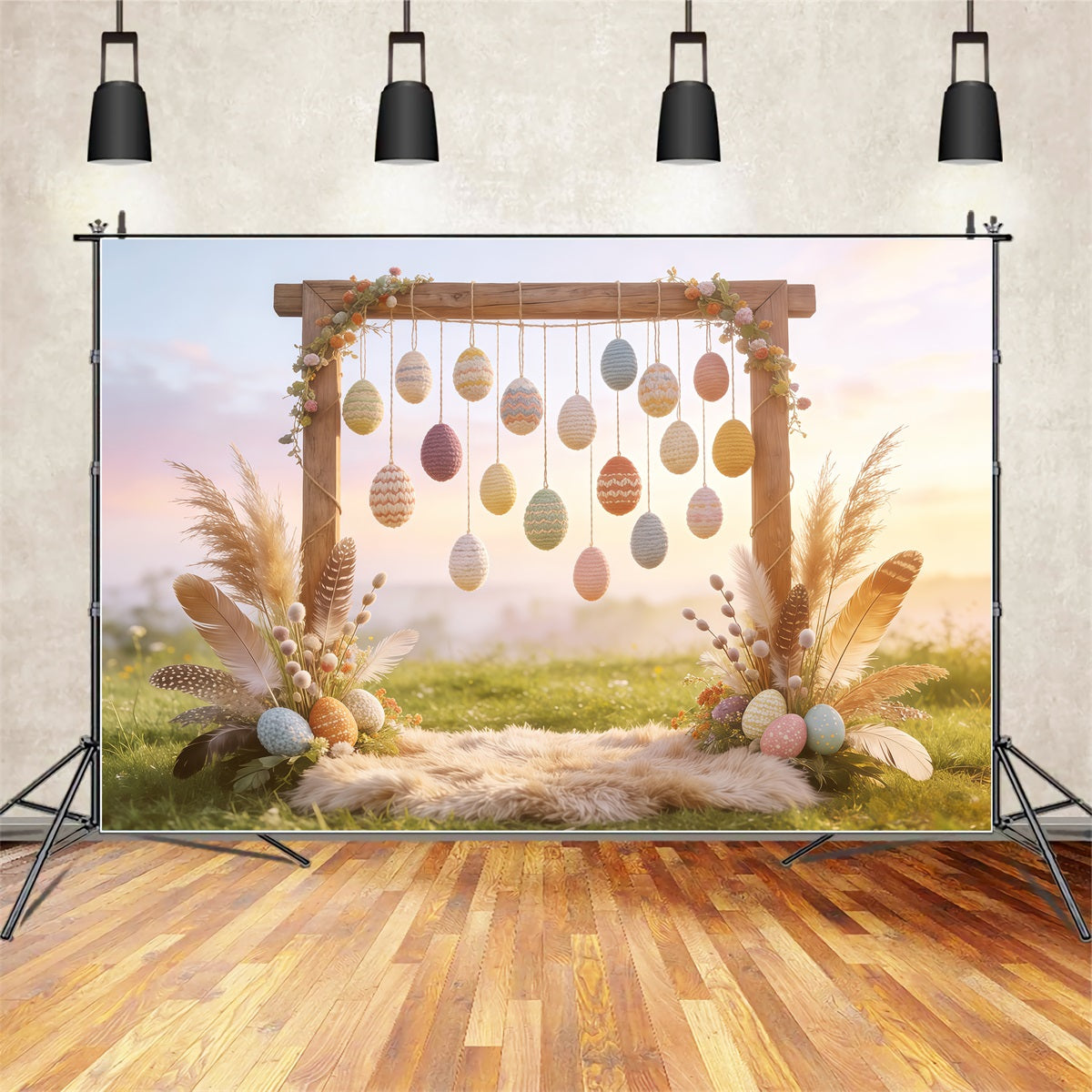 Oster-Boho-Hintergrund Häkel-Ei Feder Heu-Hintergründe für Osterbilder CSH62-93