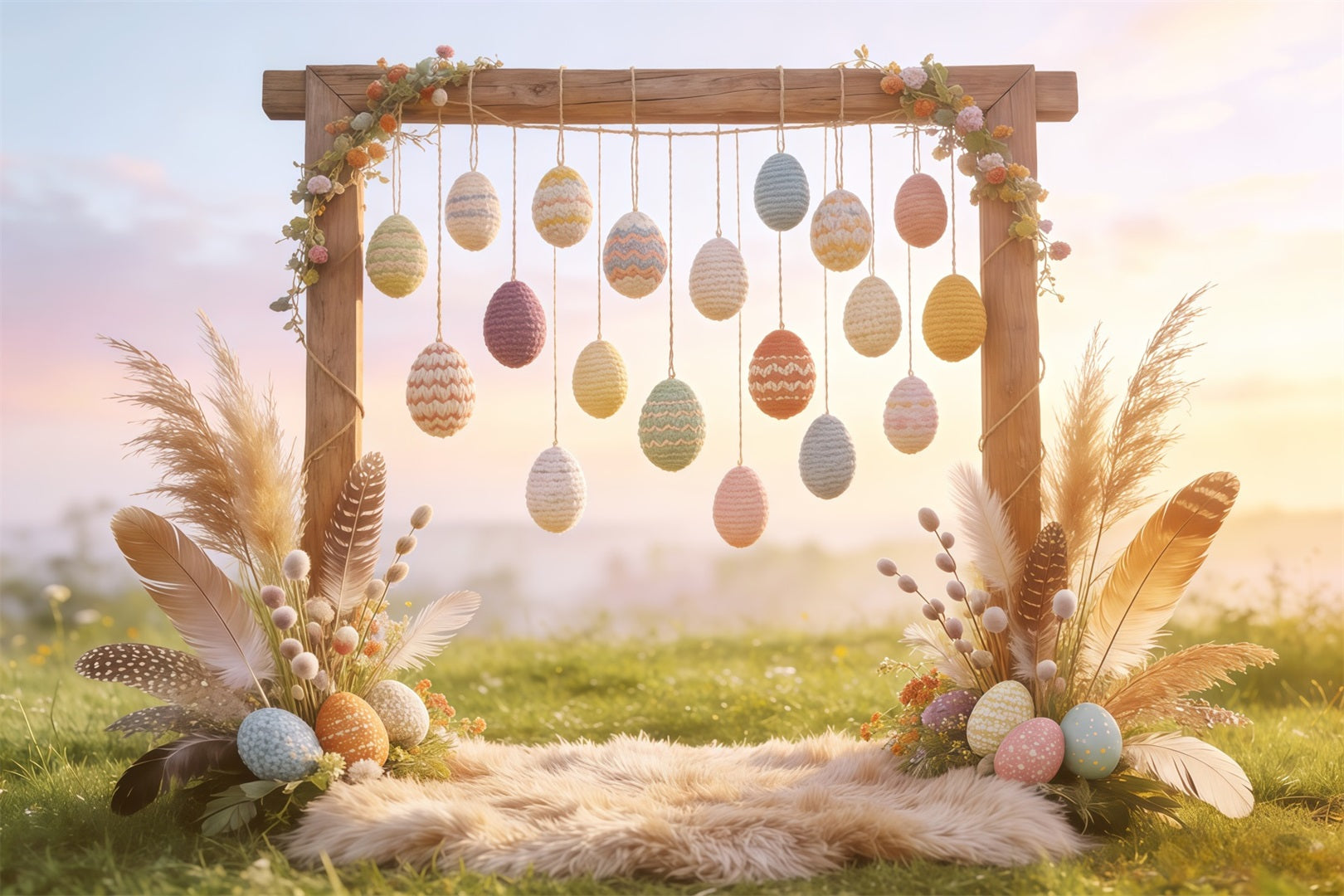 Oster-Boho-Hintergrund Häkel-Ei Feder Heu-Hintergründe für Osterbilder CSH62-93