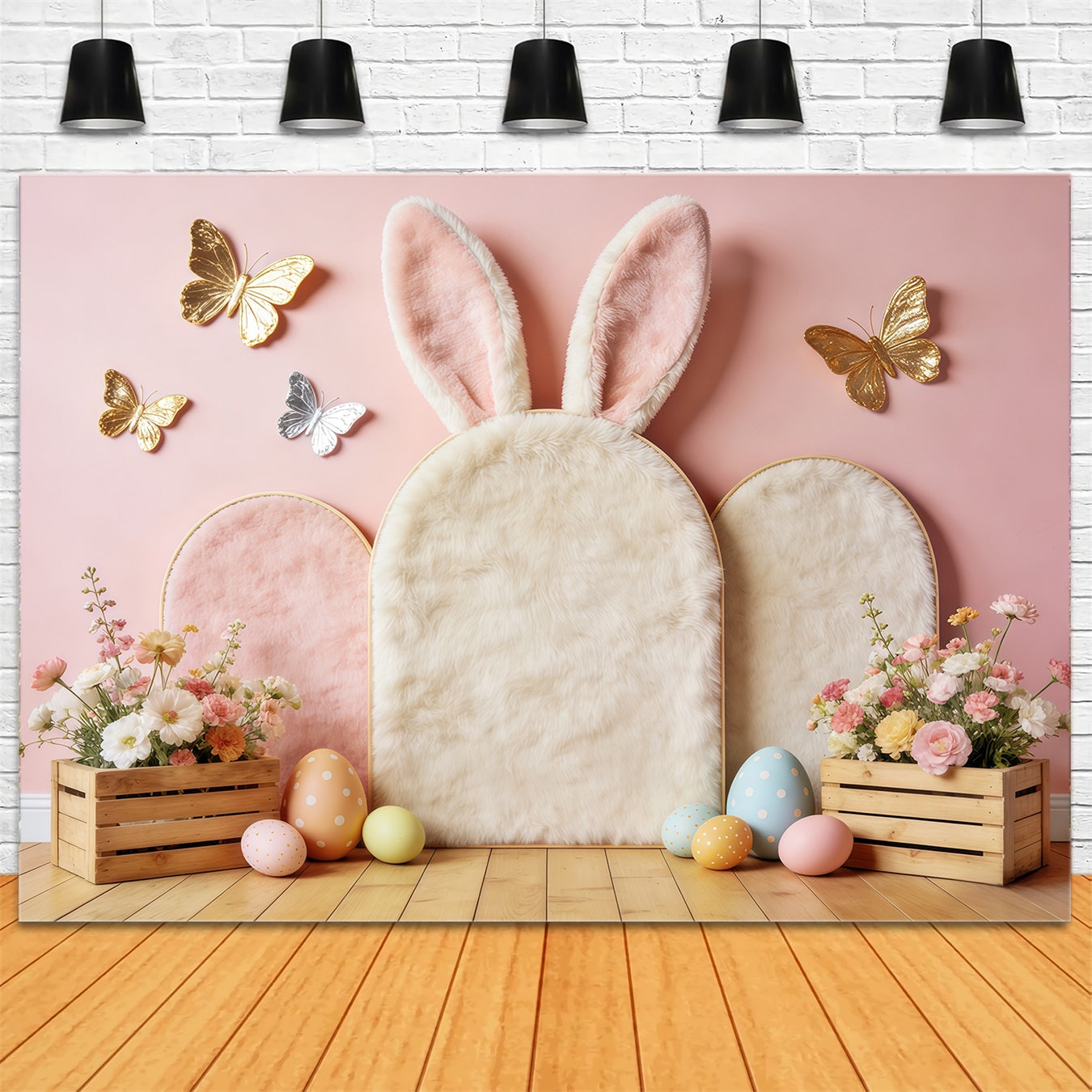 Oster-Schmetterlingshintergrund Pastellfarbene Hasenohren Blumenkisten Osterhintergrund CSH63-1