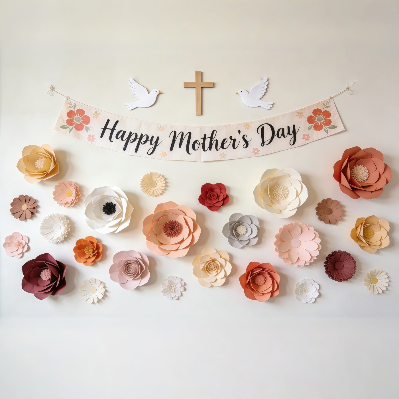Kirchenhintergrund zum Muttertag, Papierblumenbanner, Taubenkreuz, Fotohintergrund zum Muttertag CSH63-103