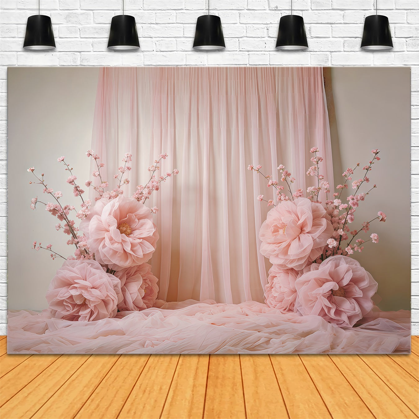 Blumenhintergrund zum Muttertag, rosafarbener, drapierter Blumenschmuck, Ideen für Fotohintergründe zum Muttertag CSH63-104