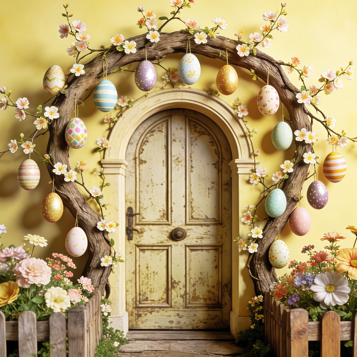 Osterkulisse im rustikalen Stil Eierblüten Holztürbogen Osterkulissen für Fotos CSH63-13