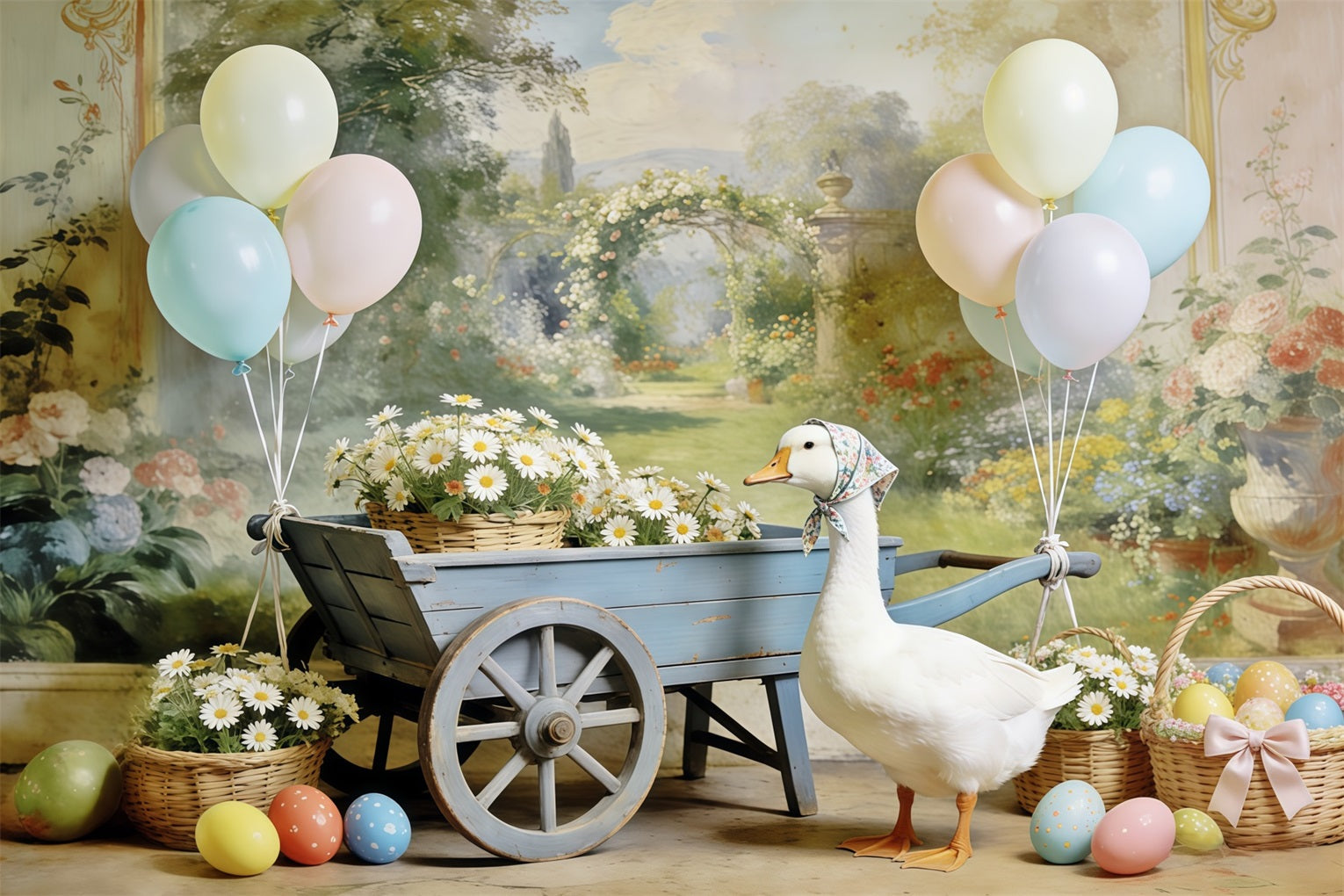 Oster-Gänseblümchen-Hintergrund Ente Pastellballons Ei Oster-Hintergrund für Fotos CSH63-15