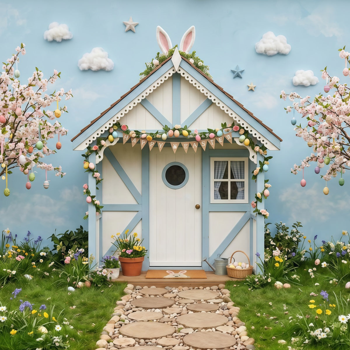 Oster-Kirschblütenhintergrund Frühlingshase Cottage Bäume Oster-Fotohintergrund CSH63-2
