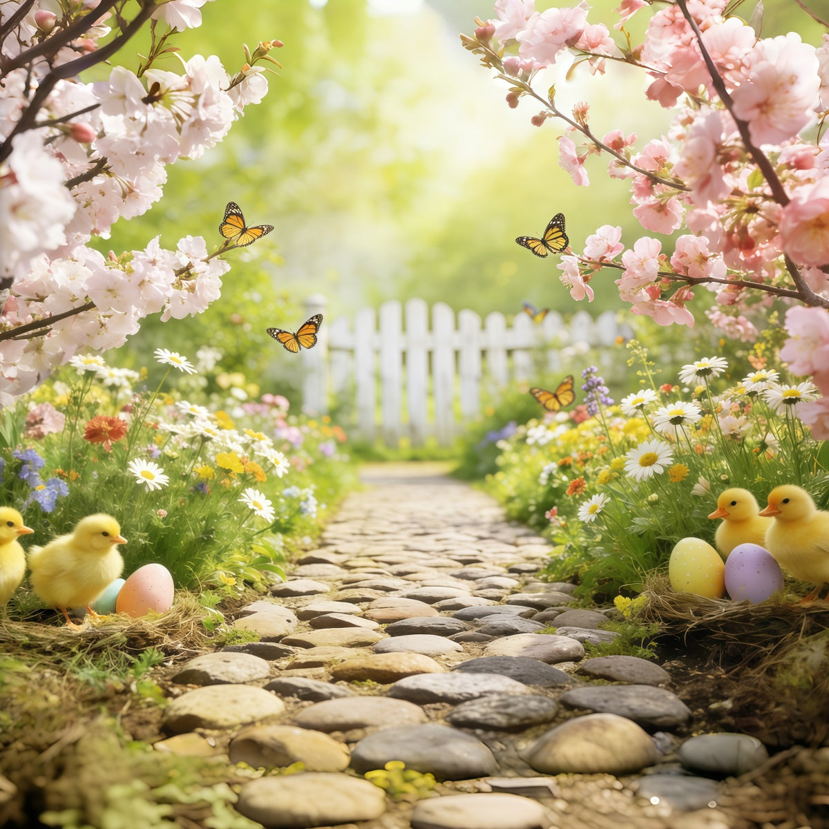 Marshmallow-Küken-Hintergrund Kirschblüten-Gartenweg Osterfotografie-Hintergrund CSH63-20
