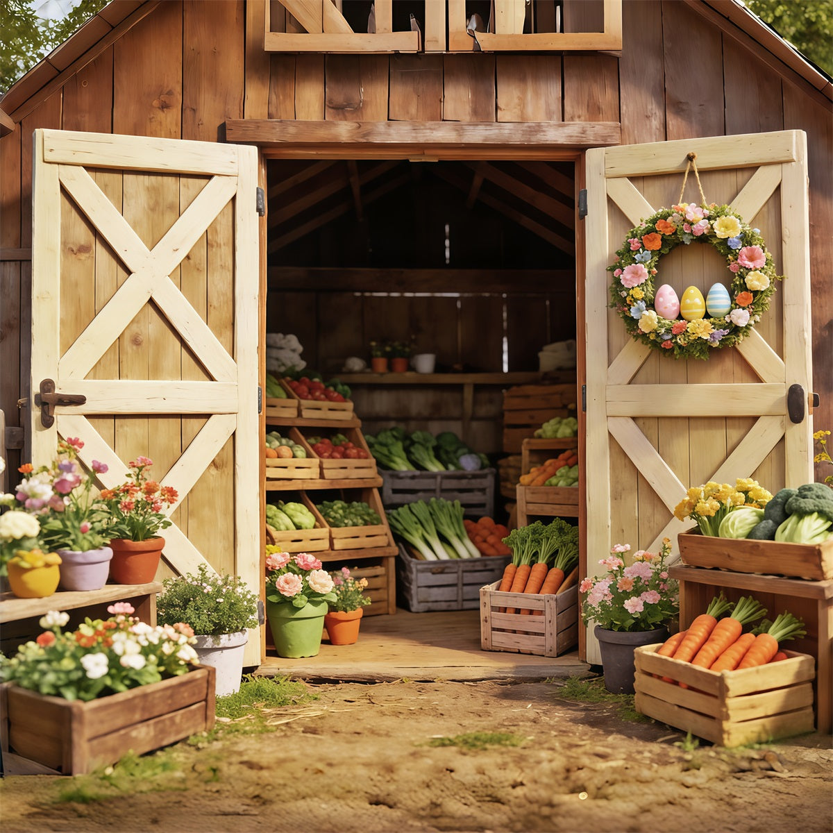 Oster-Bauernhof-Scheune-Hintergrund Frühlingsgemüse Blumenkisten Oster-Hintergrund für Fotografie CSH63-24
