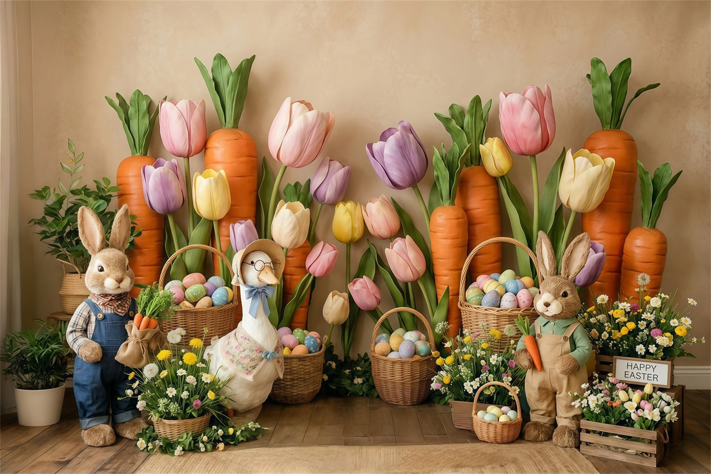 Karottenhintergrund Tulpen Wildblumen Hase Entenei-Korb Osterhintergründe CSH63-3