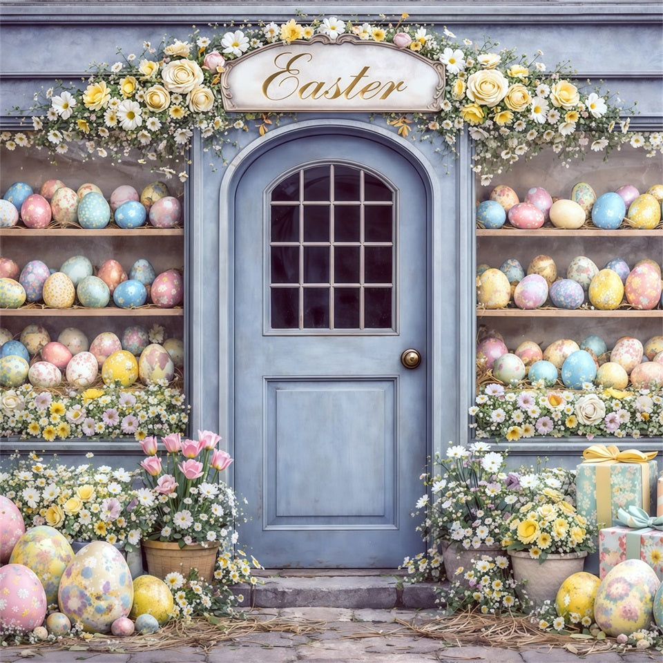 Oster-Eier-Hintergrund Blaue Tür Oster-Eier-Shop-Auslage Frohe Ostern Foto-Hintergrund CSH63-33