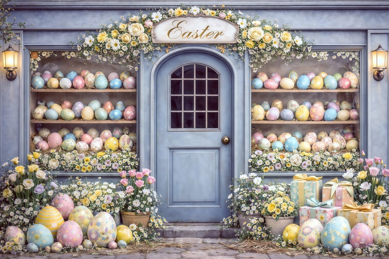 Oster-Eier-Hintergrund Blaue Tür Oster-Eier-Shop-Auslage Frohe Ostern Foto-Hintergrund CSH63-33