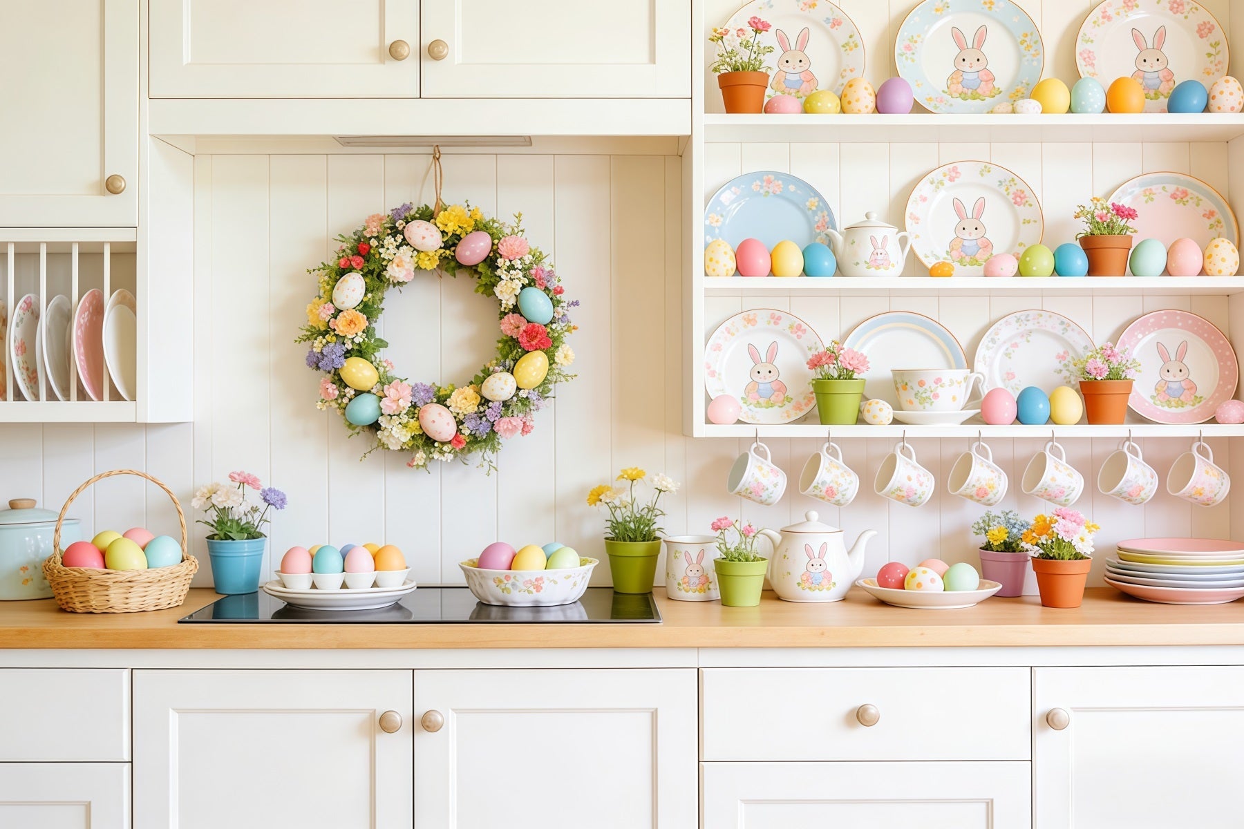Oster-Dessert-Tisch-Hintergrund Küchengeschirr Pastell-Eier Foto-Hintergründe für Ostern CSH63-35