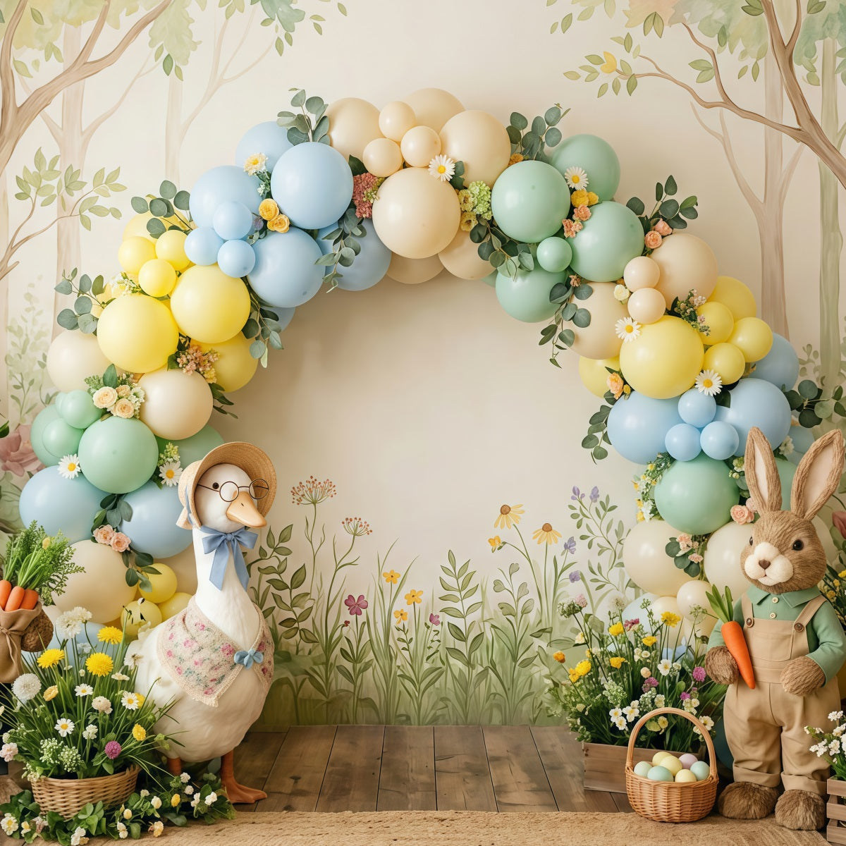 Osterhintergrund mit pastellfarbenen Luftballons, Hasen, Enteneiern und Korb Osterhintergrund-Ideen CSH63-4