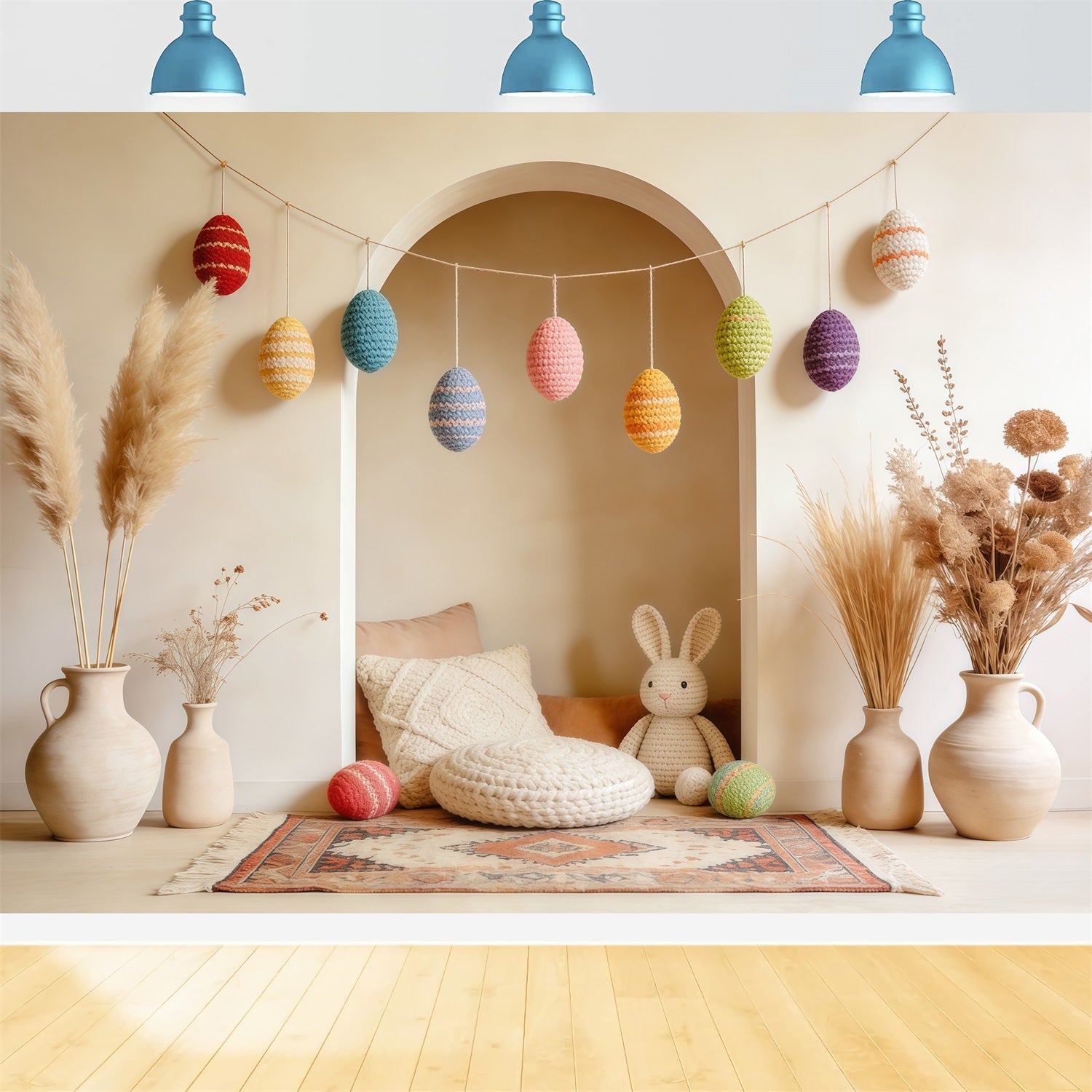 Ostern Boho-Hintergrund Häkel-Eier Hasenecke Fotografie Ostern-Hintergründe CSH63-44