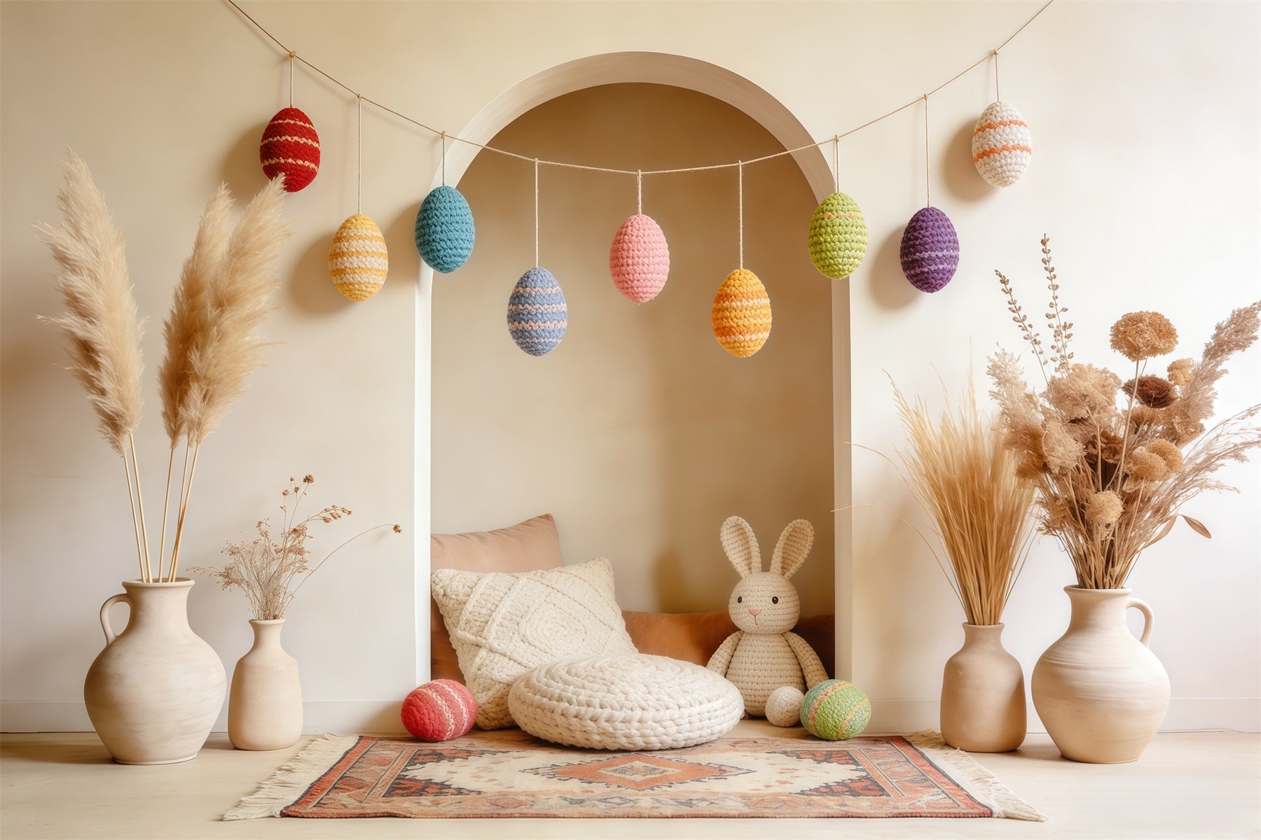 Ostern Boho-Hintergrund Häkel-Eier Hasenecke Fotografie Ostern-Hintergründe CSH63-44