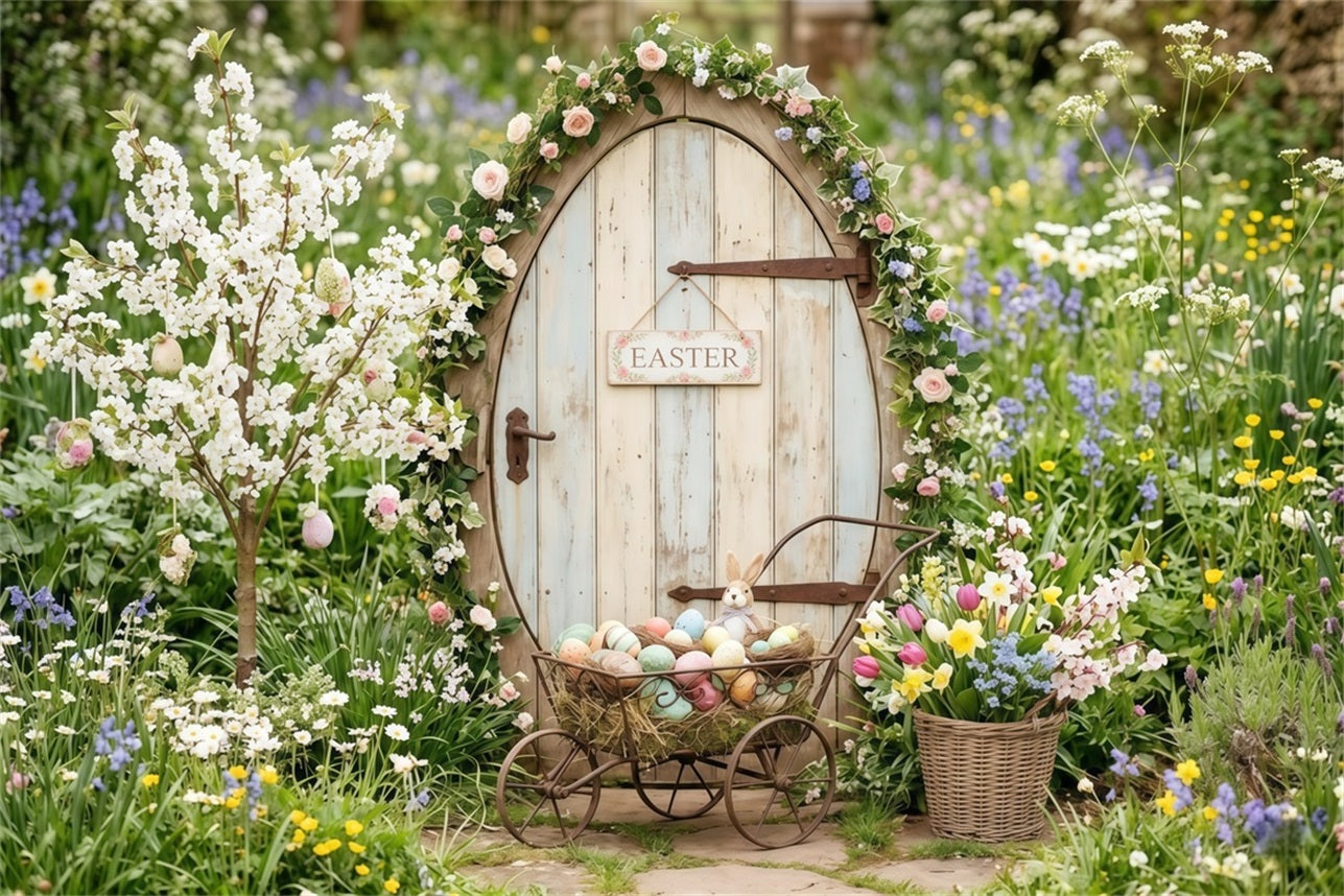 Osterhintergrund mit Cottage-Garten, Wildblumen, Hasen, Tür und Eierkarton Oster-Fotohintergründe CSH63-5