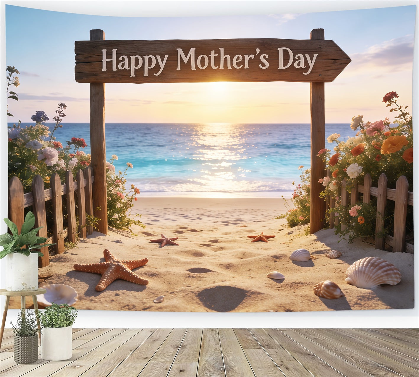 Muttertags-Schriftzug-Hintergrund, Sonnenuntergangsstrand-Schild, Blumen-Fotohintergrund zum Muttertag CSH63-66