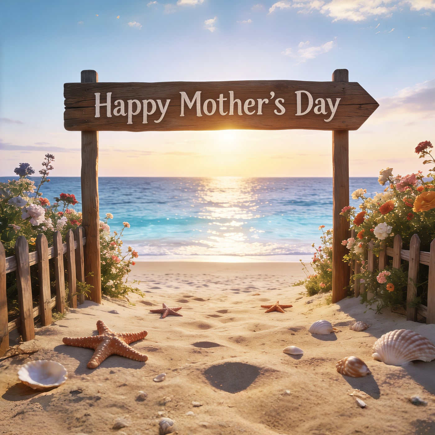 Muttertags-Schriftzug-Hintergrund, Sonnenuntergangsstrand-Schild, Blumen-Fotohintergrund zum Muttertag CSH63-66