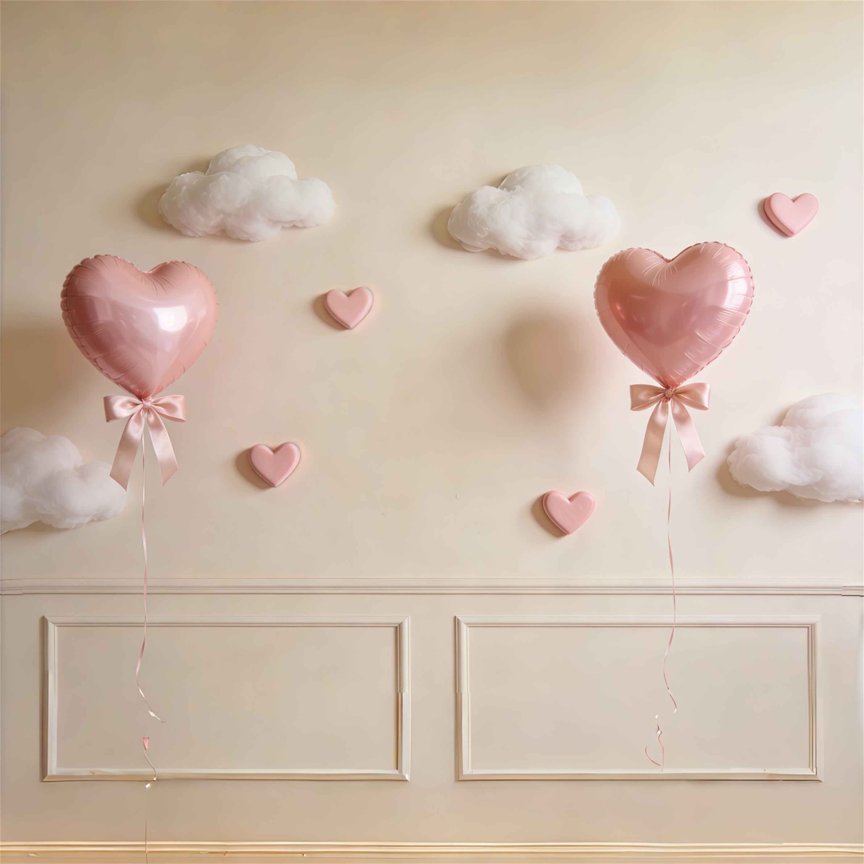 Muttertags-Hintergrund mit Schleife, rosa Herz, Ballon und Wolkenwand CSH63-74