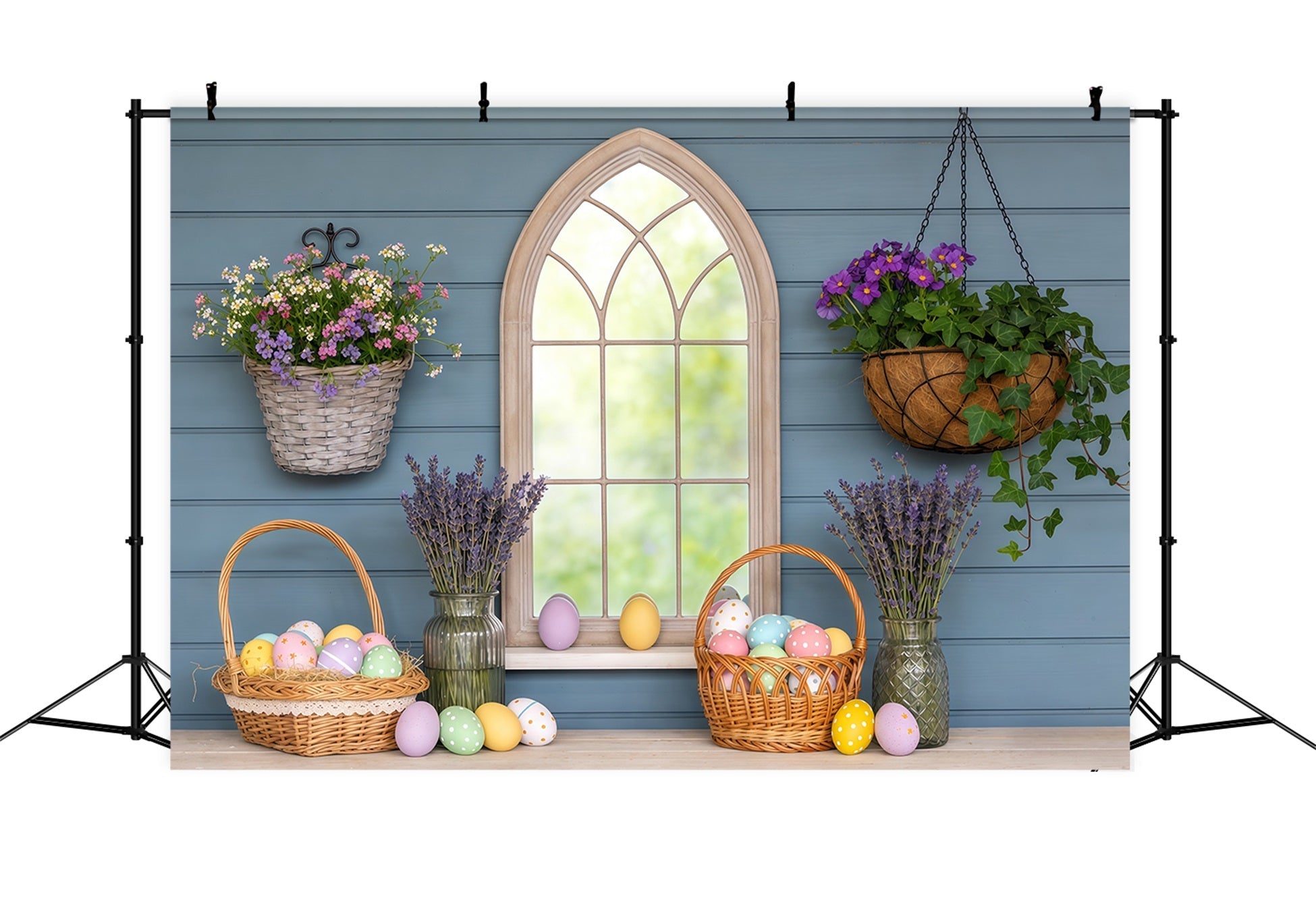 Oster-Fenster Frühlingslicht-Hintergrund Korb Eier Lavendel Oster-Fotografie-Hintergründe CSH63-8