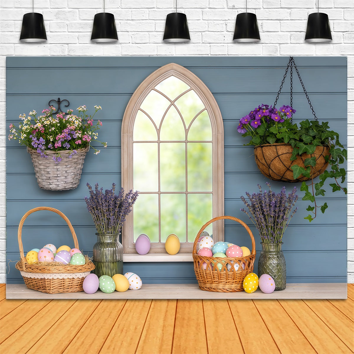 Oster-Fenster Frühlingslicht-Hintergrund Korb Eier Lavendel Oster-Fotografie-Hintergründe CSH63-8