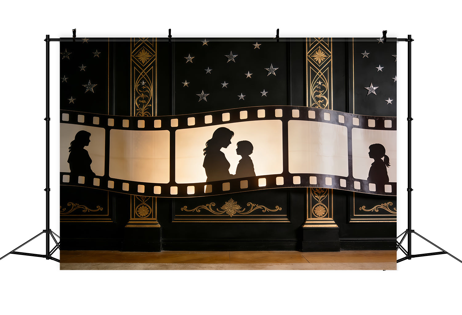 Mutter-Tochter-Silhouette, Muttertags-Hintergrund, Goldener Filmstreifen, Art-Deco-Muttertags-Hintergrund CSH63-81
