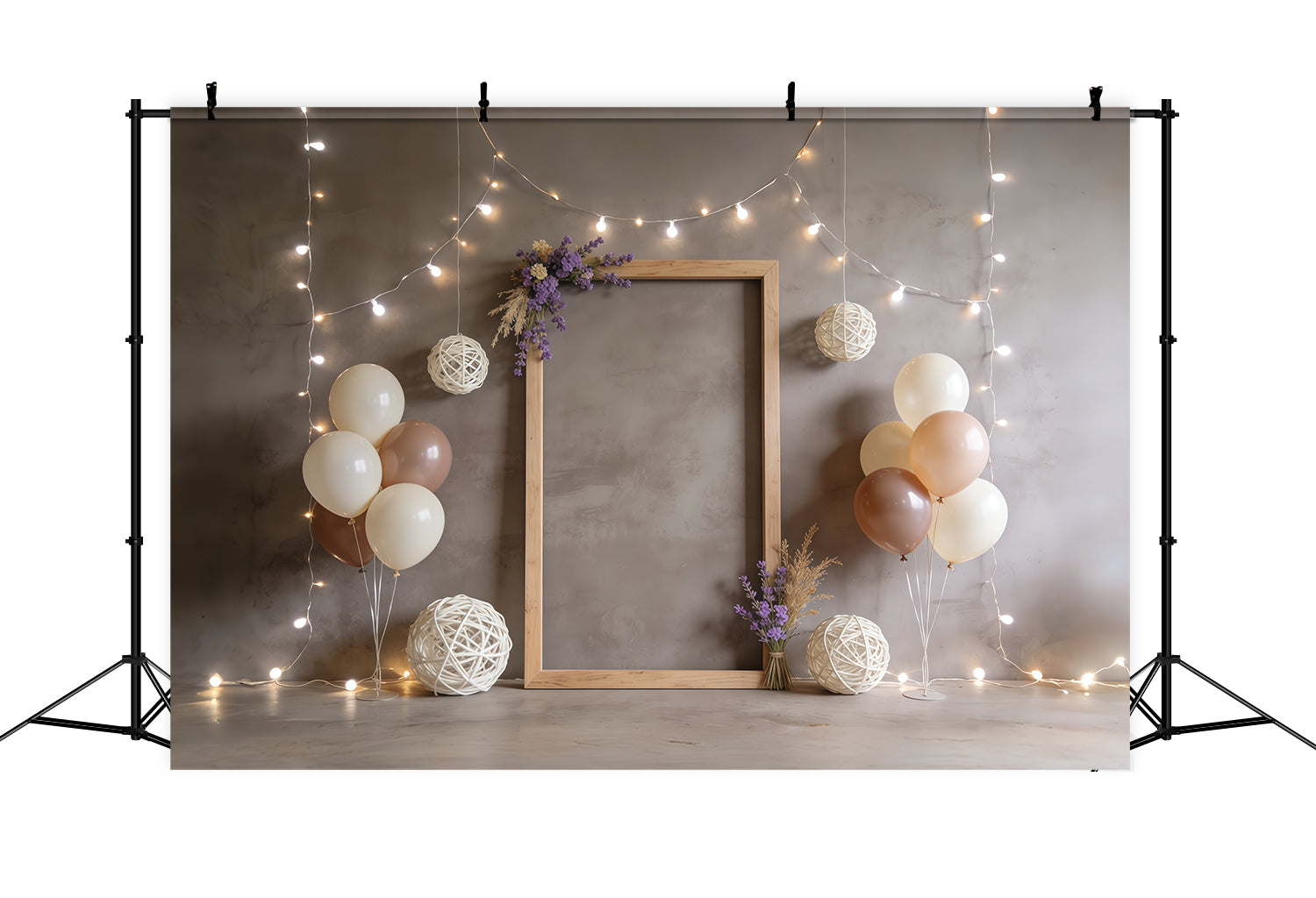 Lavendelstrauß, rustikaler Rahmen, Ballons, Lichterkette, Hintergrund zum Muttertag CSH63-85