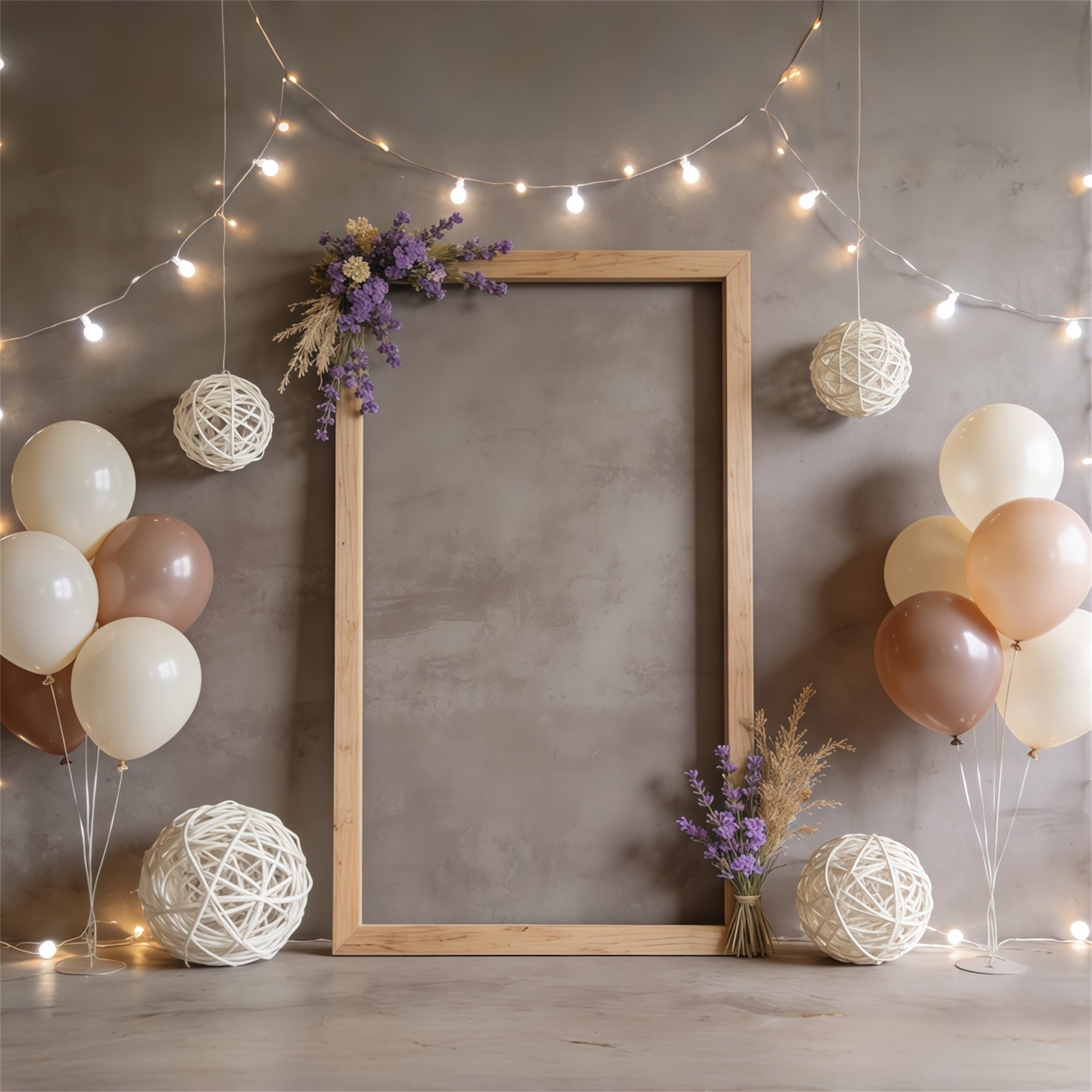 Lavendelstrauß, rustikaler Rahmen, Ballons, Lichterkette, Hintergrund zum Muttertag CSH63-85