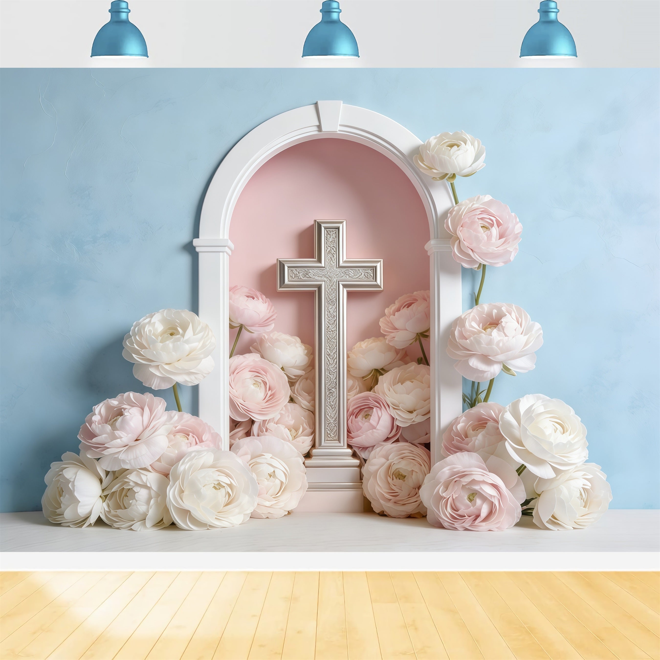 Hintergrundkulisse zum Muttertag für Kirchen, pastellfarbenes Blumenkreuz-Bogen-Design, Muttertag CSH63-92