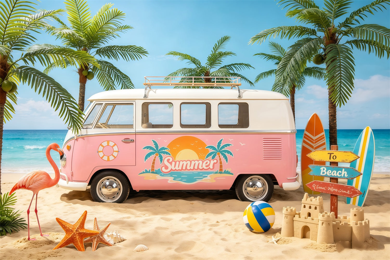 Strandkulisse, Retro-Van, Palmenparadies, Strandfotohintergrund CSH64-85