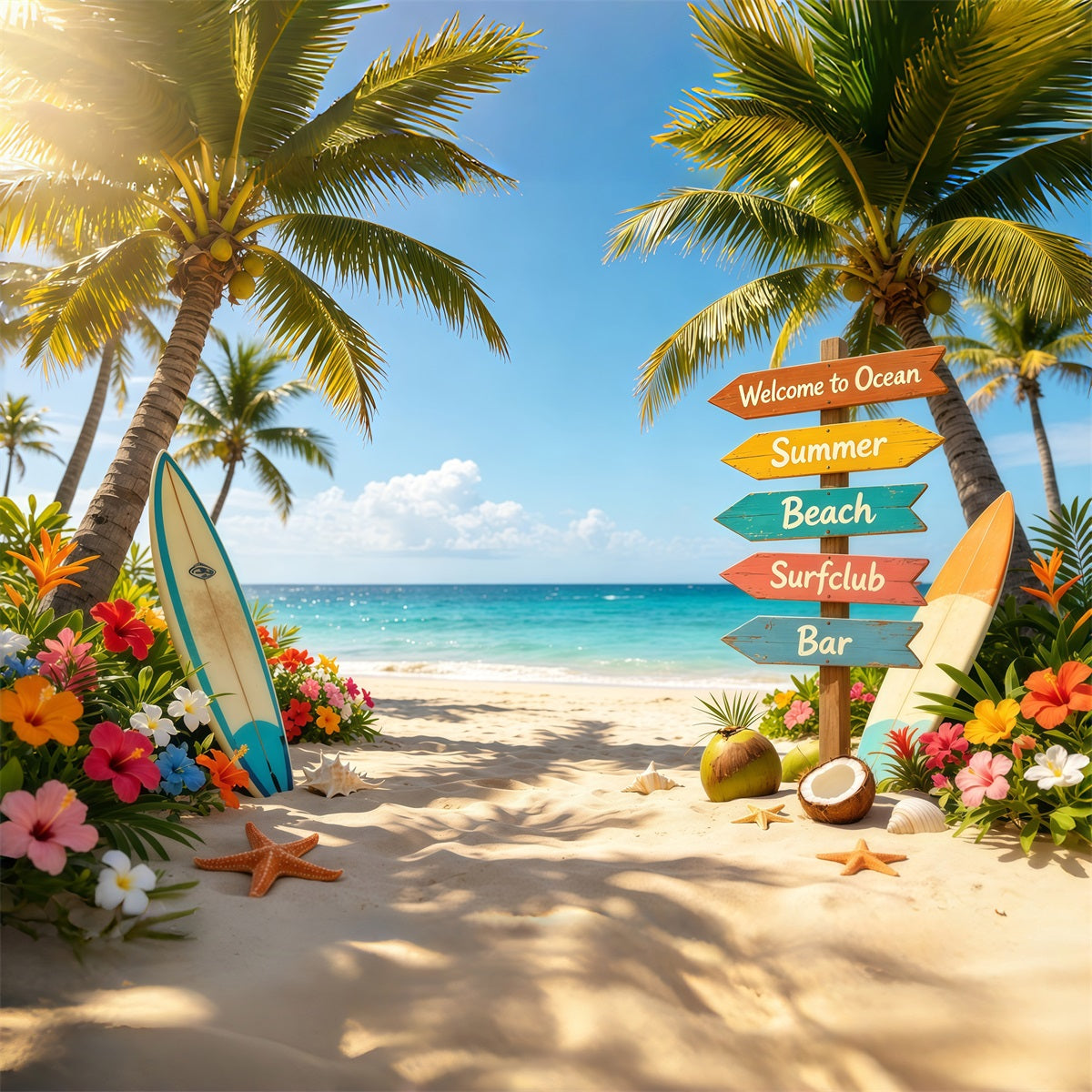 Strandkulisse, tropisches Schild, Surfbrett, Blume, Strand, Sommerkulisse – Ideen CSH64-91