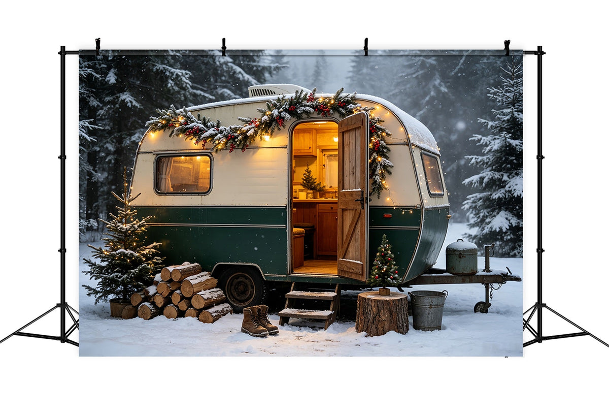 Weihnachtscamper-Fotografie-Hintergrund Vintage-Wohnmobil Woodland Weihnachtshintergründe CSH68-65