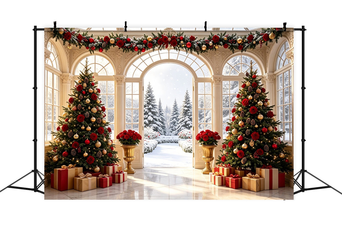Weihnachtstür-Hintergrund Rosengarten Mit Blick Auf Den Schnee Große Weihnachtskulisse CSH69-1