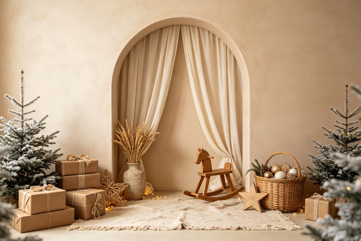 Boho-Weihnachtskulisse Schaukelpferd Mit Neutralem Bogen Weihnachtshintergründe CSH69-2