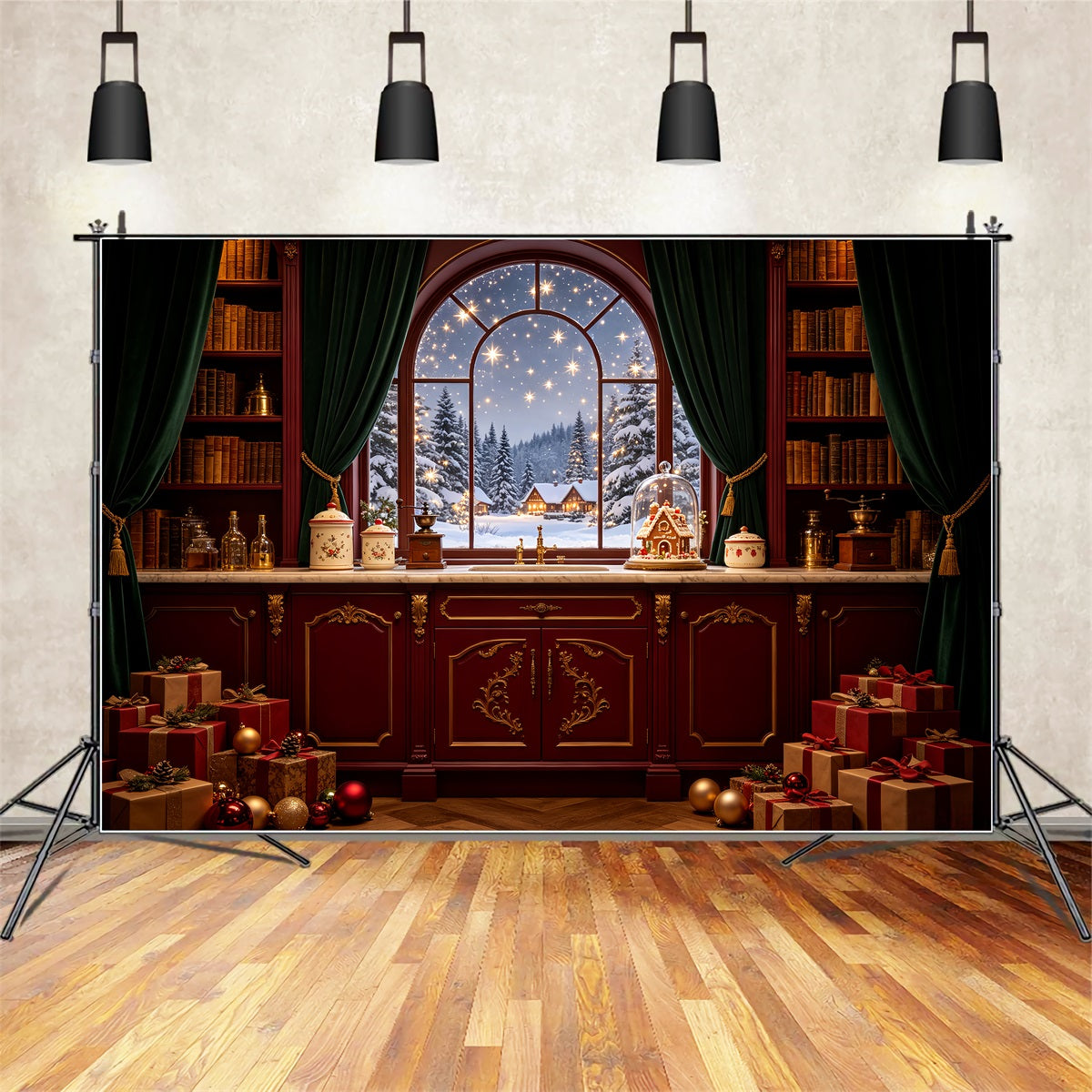 Weihnachtsnacht-Hintergrund Schneebedeckte Hütte Fensterspeisekammer Weihnachts-Fotohintergründe CSH69-37