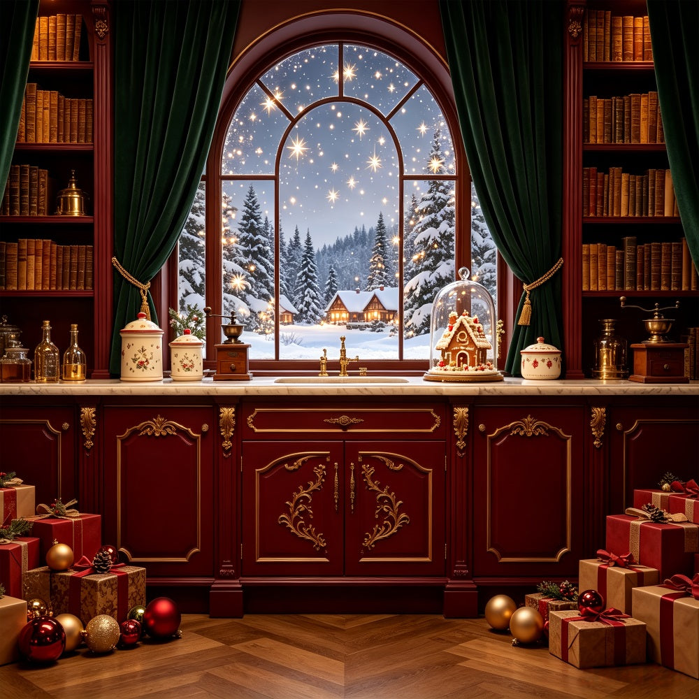 Weihnachtsnacht-Hintergrund Schneebedeckte Hütte Fensterspeisekammer Weihnachts-Fotohintergründe CSH69-37
