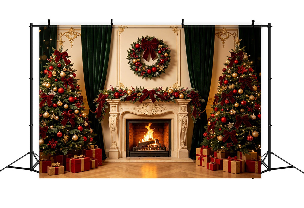 Weihnachtskamin-Hintergrund Eleganter Kranz Im Retro-Stil Für Die Wand Weihnachtsfotohintergrund CSH69-8