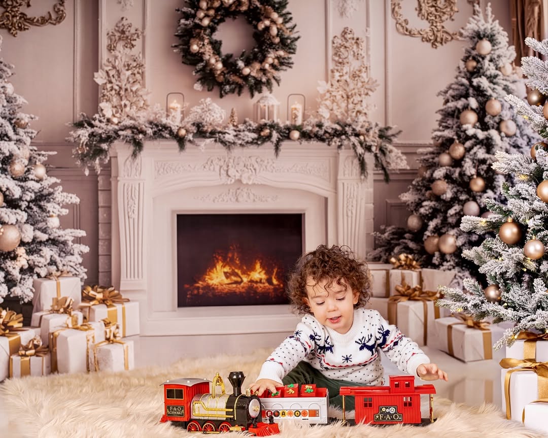 Weißer Kamin Weihnachtsbäume Kranz Backdrop RR8-38