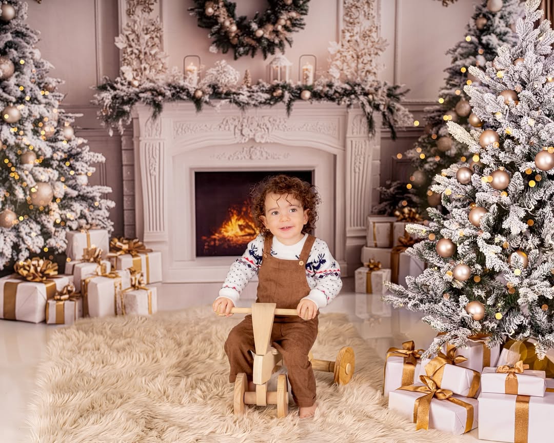 Weißer Kamin Weihnachtsbäume Kranz Backdrop RR8-38