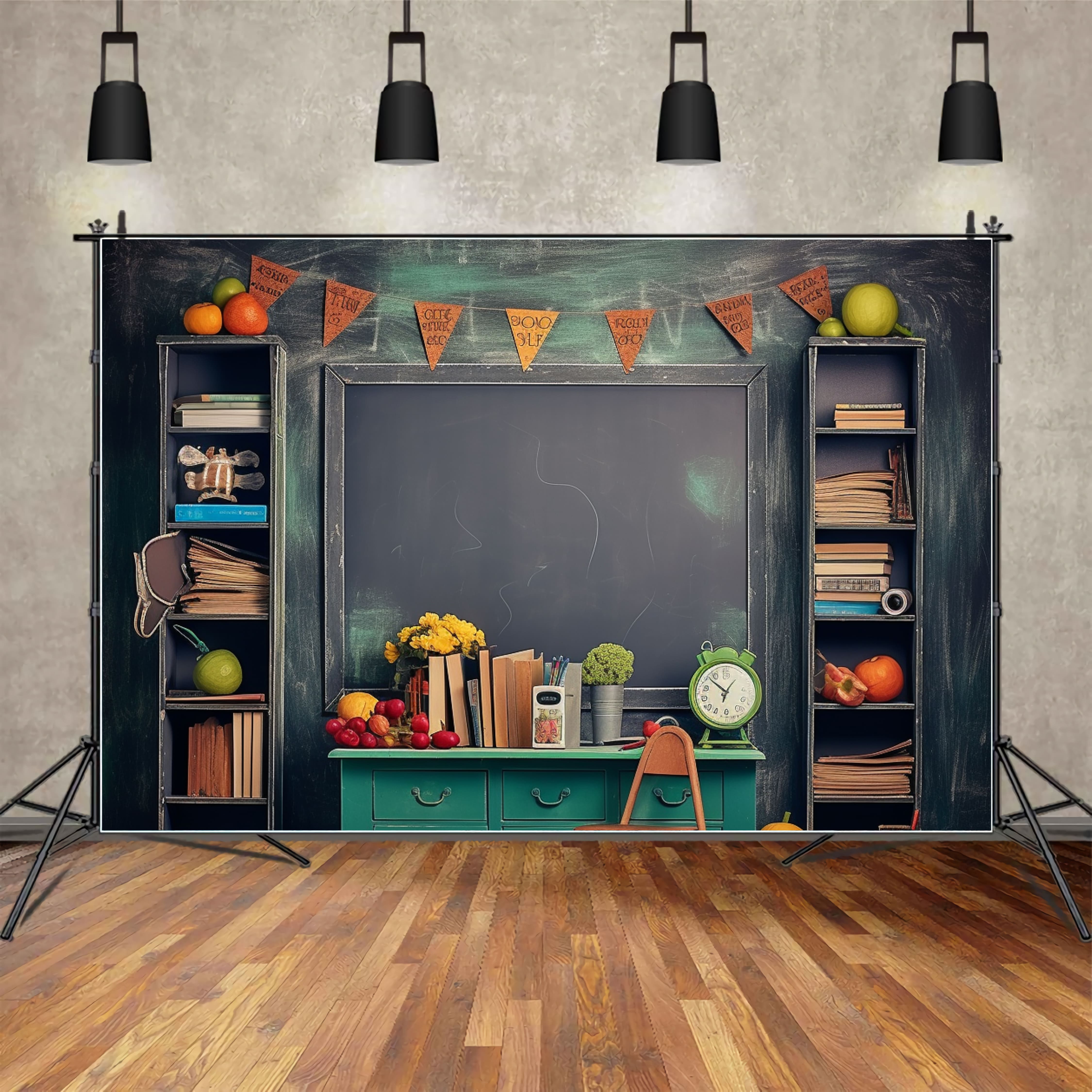 Uhr Früchte auf dem Schreibtisch Back to School Backdrop DBD7-50