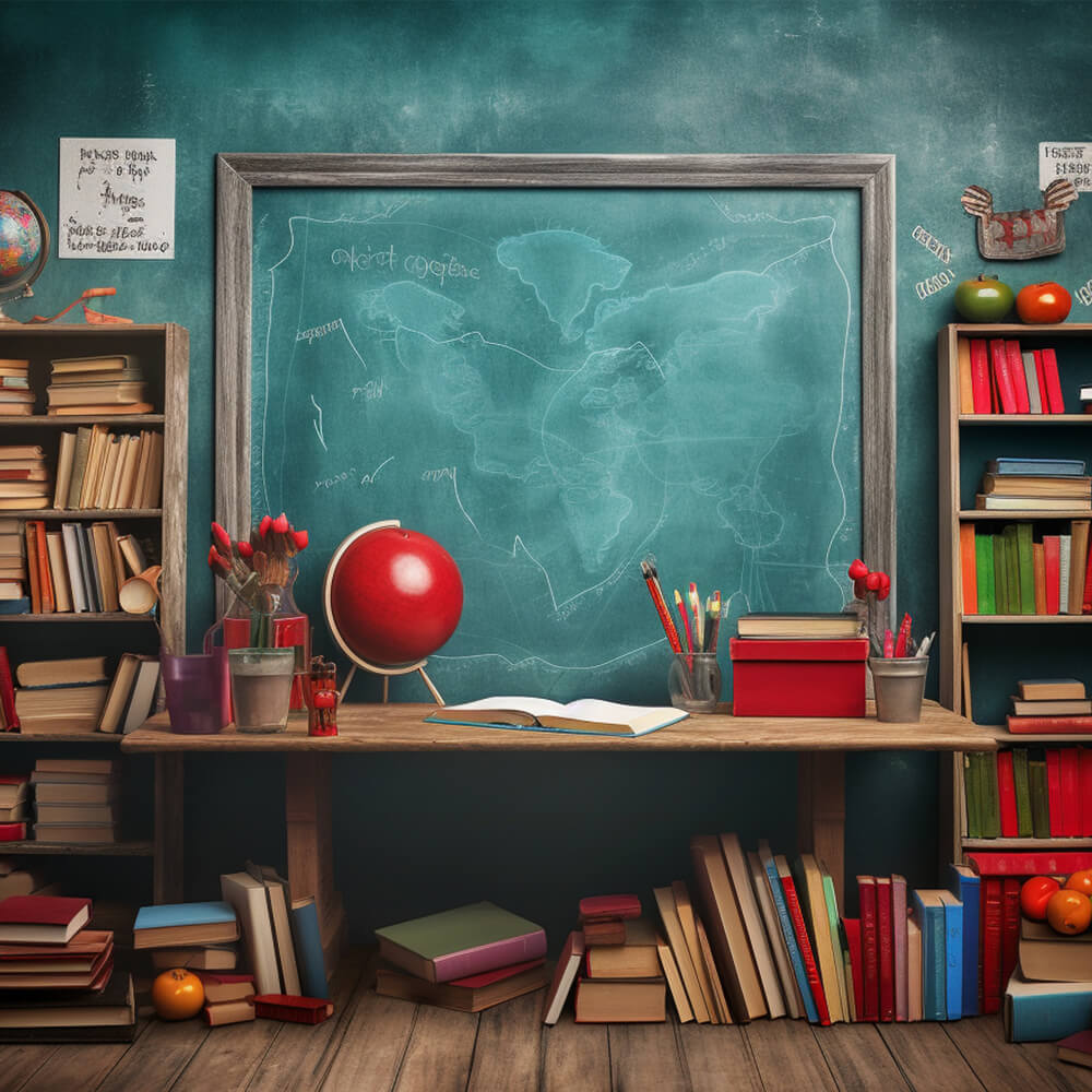Back to School Kreidetafel Bücherregal Globus Backdrop DBD7-87