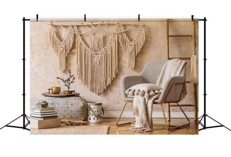 Bohème-Hintergrund Natürliche Makramee Beige Texturen Hintergrund GQ2-10