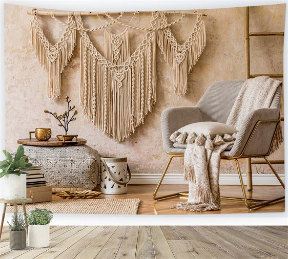 Bohème-Hintergrund Natürliche Makramee Beige Texturen Hintergrund GQ2-10
