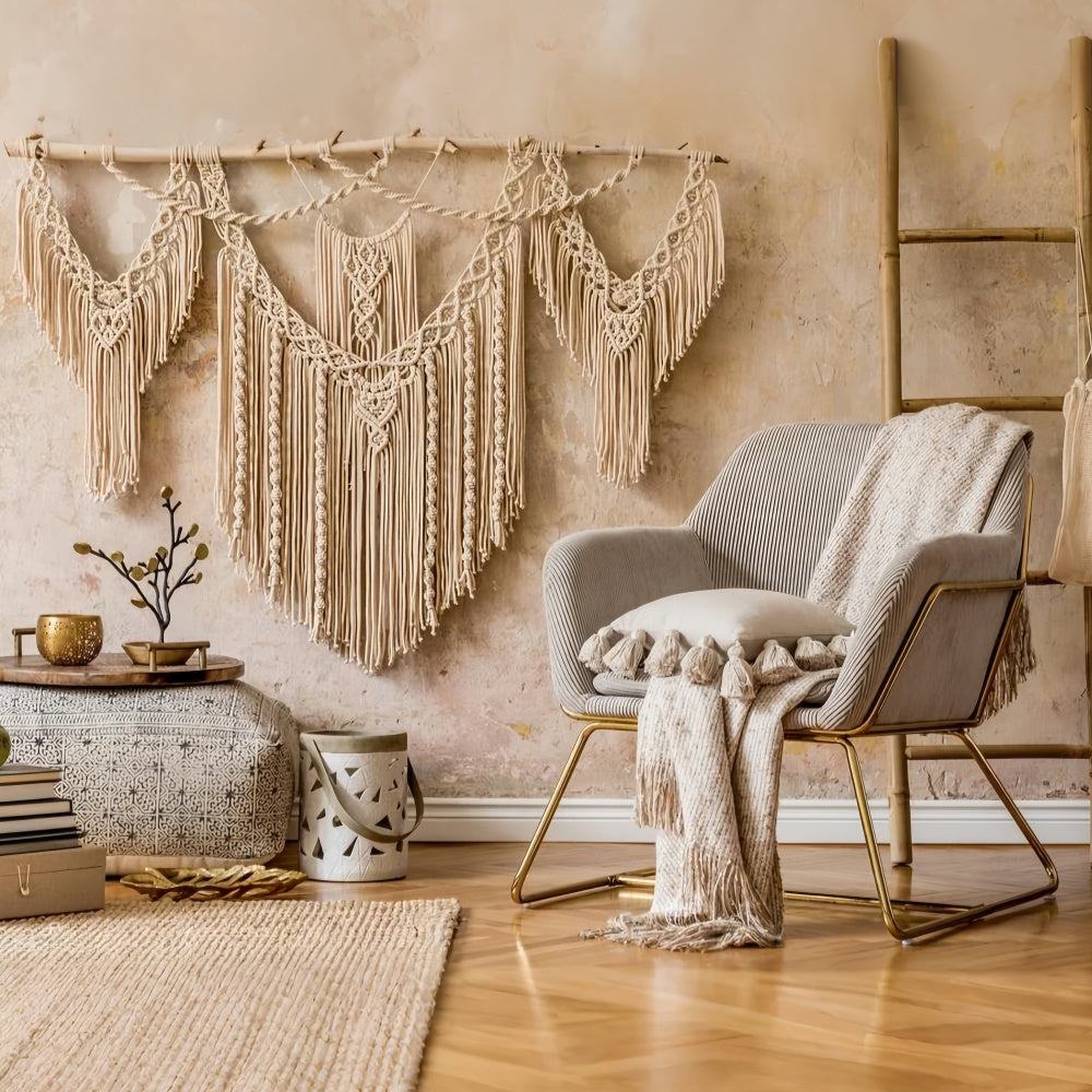 Bohème-Hintergrund Natürliche Makramee Beige Texturen Hintergrund GQ2-10